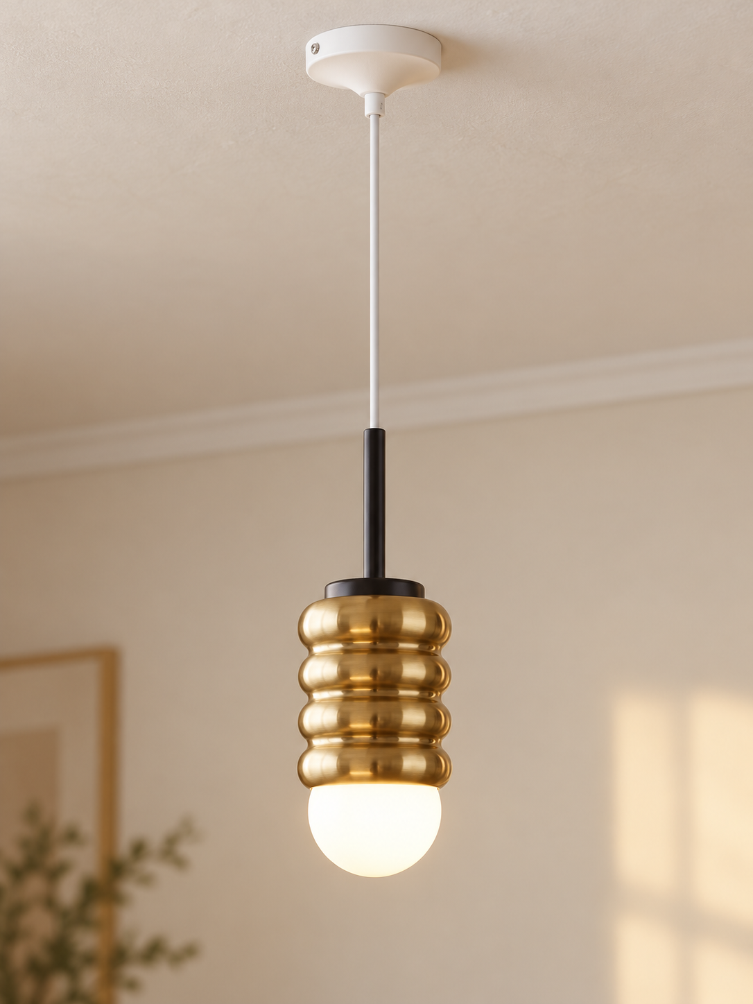Ribbed Cylinder Mini Pendant Light – Black Stem / Brass Body