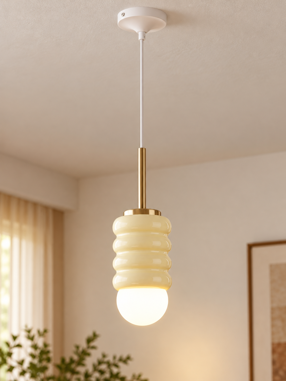 Ribbed Cylinder Mini Pendant Light – Brass Stem / Cream Yellow Body