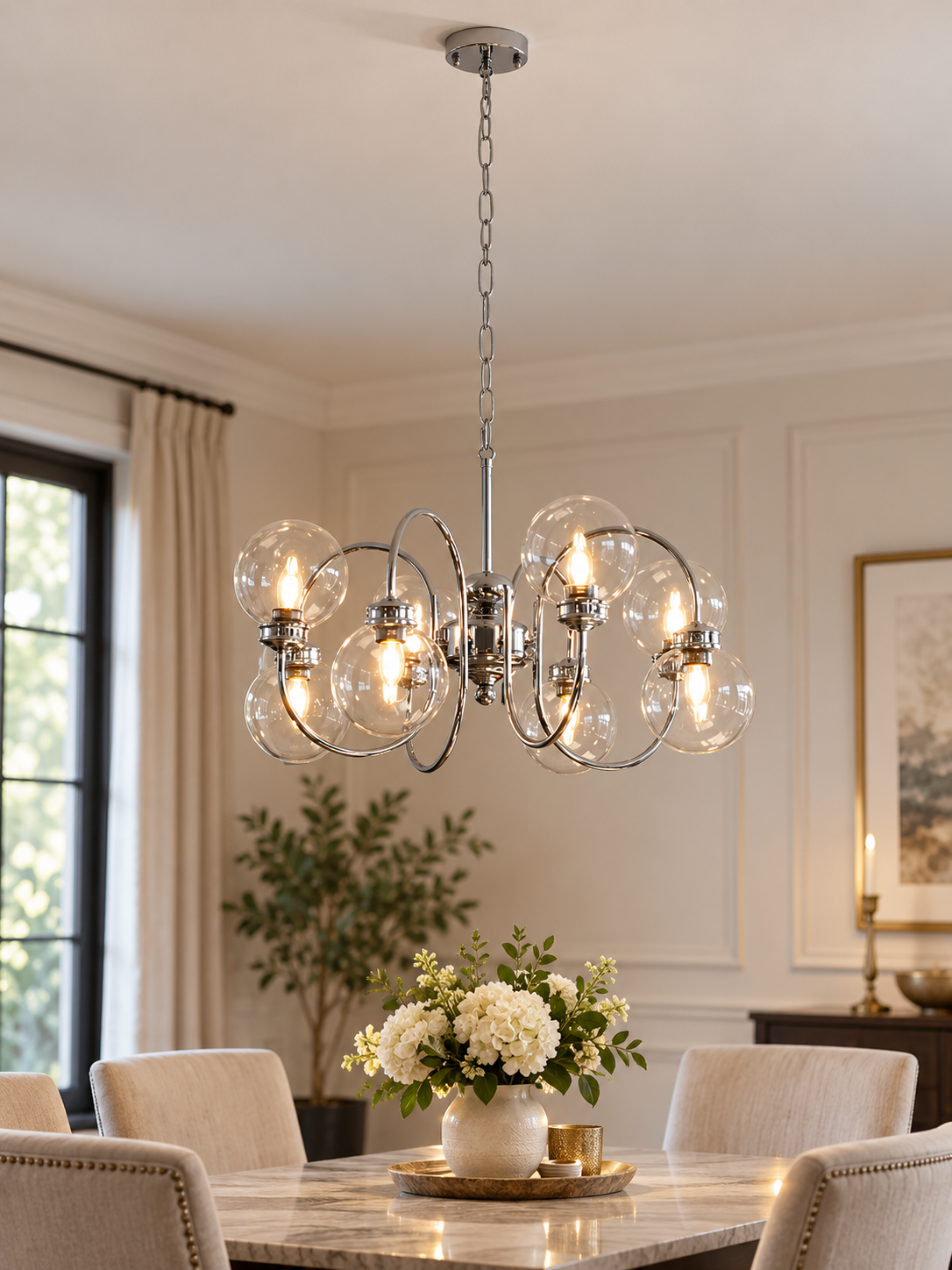 Loop Arm Clear Glass Globe Chandelier – Chrome / 8 Lights
