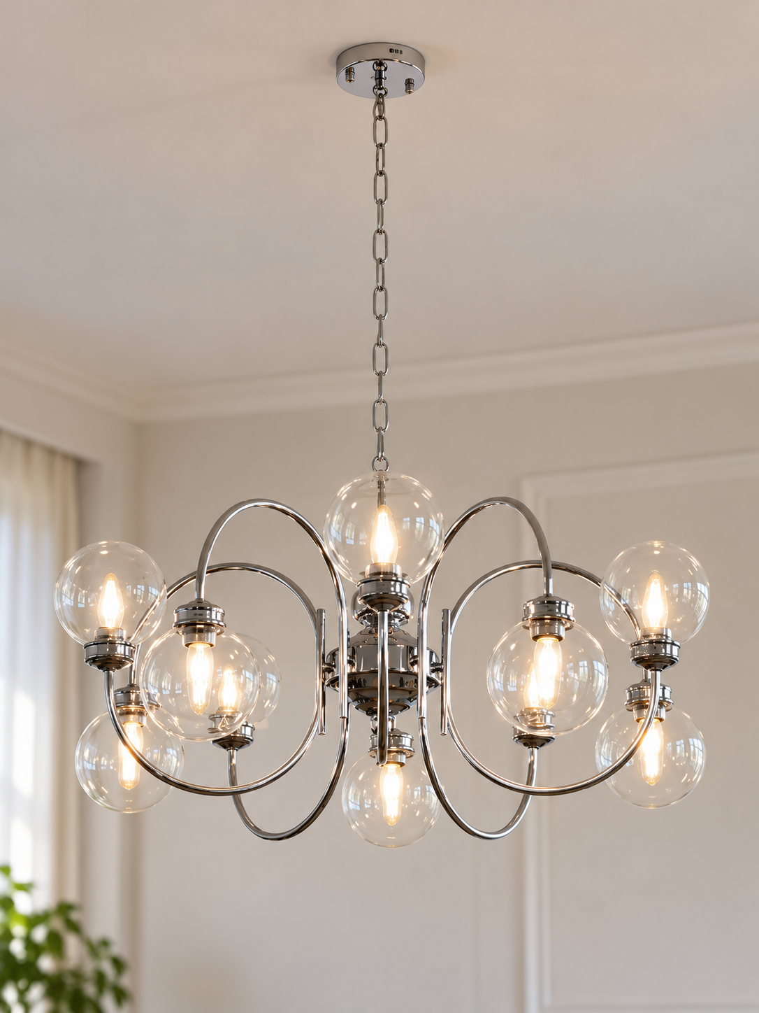 Loop Arm Clear Glass Globe Chandelier – Chrome / 10 Lights