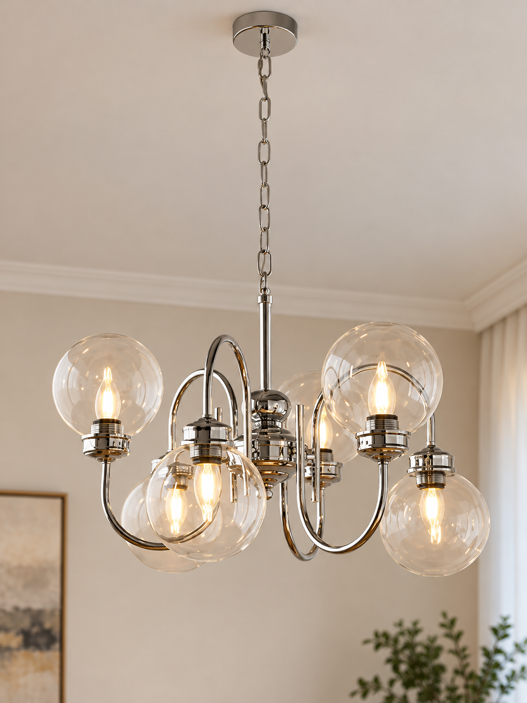 Loop Arm Clear Glass Globe Chandelier – Chrome / 6 Lights