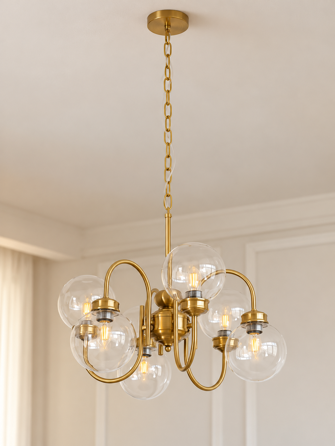 Loop Arm Clear Glass Globe Chandelier – Brass / 6 Lights