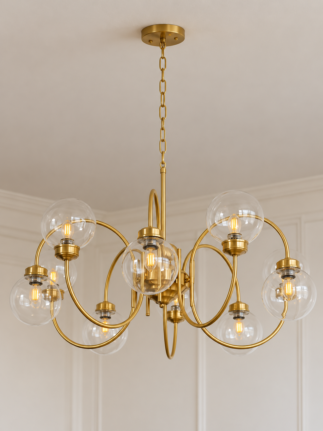 Loop Arm Clear Glass Globe Chandelier – Brass / 10 Lights