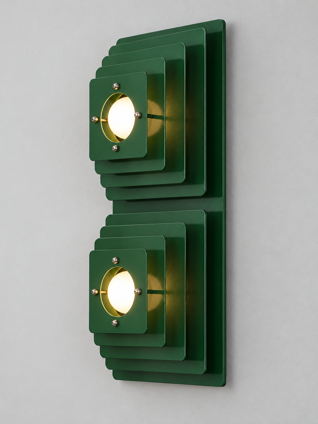 Layered Square Iron Wall Sconce – Green / Double / Opal White Bulbs