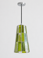 Green tall tapered mosaic glass pendant with silver-tone canopy and black cord, shown switched off