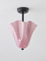 Purple gathered glass semi-flush ceiling light with black canopy and short stem, shown switched off without bead studs
