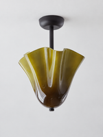 Green gathered glass semi-flush ceiling light with black canopy and short stem, shown switched off without bead studs