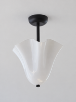 White gathered glass semi-flush ceiling light with black canopy and short stem, shown switched off without bead studs