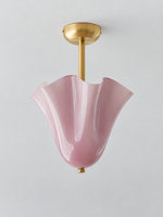 Purple gathered glass semi-flush ceiling light with copper-tone canopy and short stem, shown switched off without bead studs