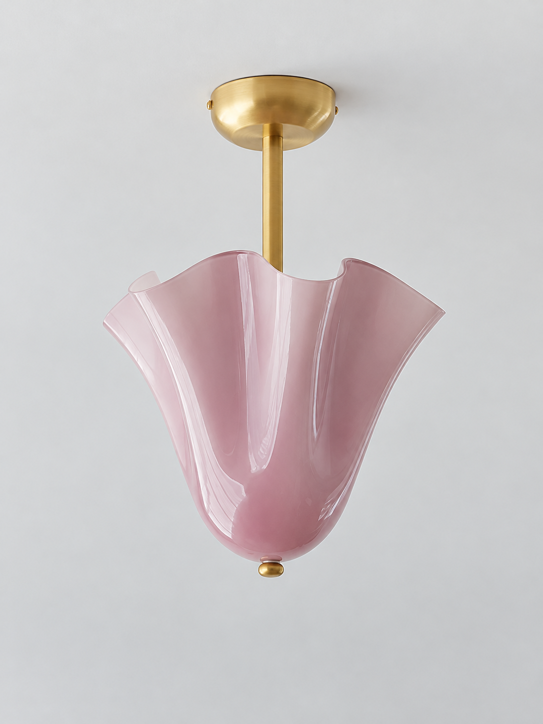 Purple gathered glass semi-flush ceiling light with copper-tone canopy and short stem, shown switched off without bead studs