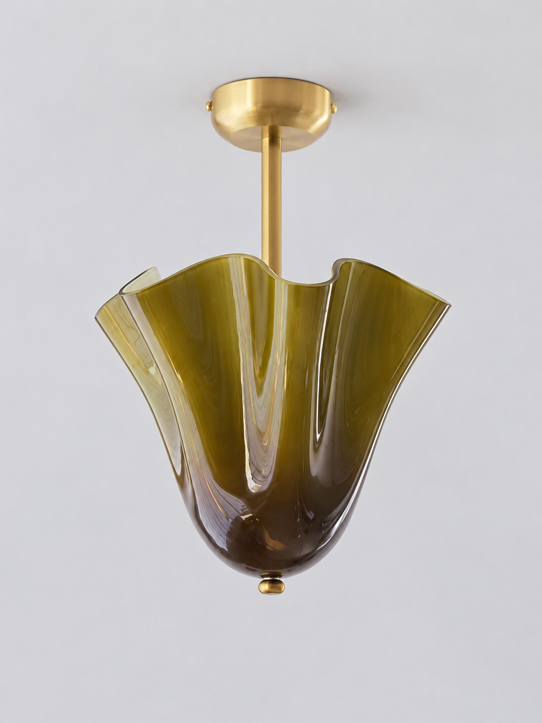 Green gathered glass semi-flush ceiling light with copper-tone canopy and short stem, shown switched off without bead studs