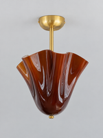 Amber gathered glass semi-flush ceiling light with copper-tone canopy and short stem, shown switched off without bead studs