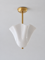 White gathered glass semi-flush ceiling light with copper-tone canopy and short stem, shown switched off without bead studs