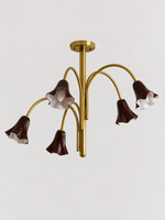 Coffee 5-light flower glass chandelier with copper-tone arched arms, shown switched off.