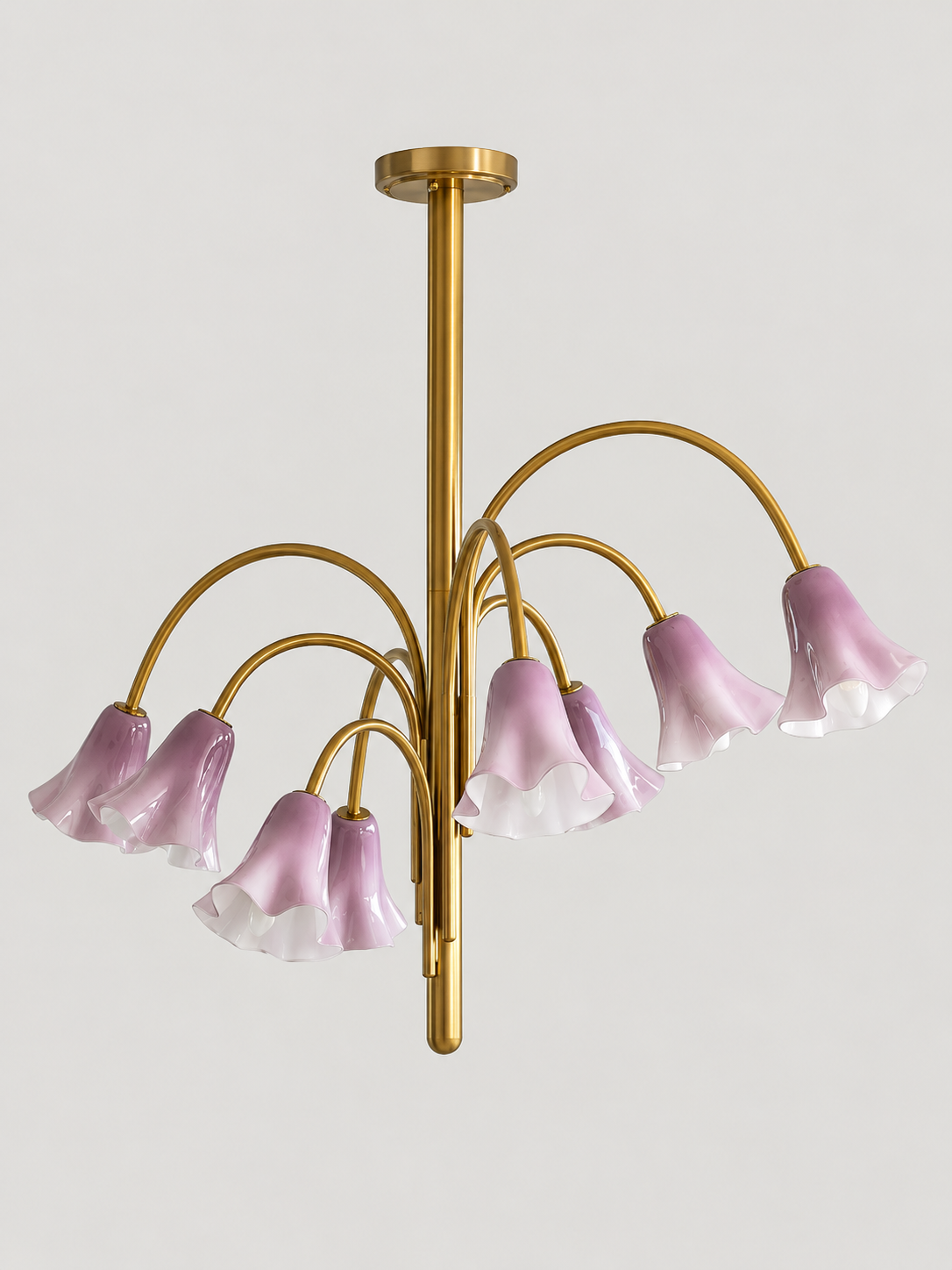 Purple 8-light flower glass chandelier with copper-tone arched arms, shown switched off.