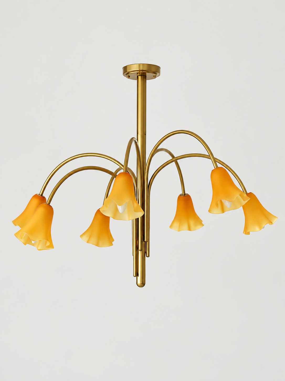 Matte Orange 7-light flower glass chandelier with copper-tone arched arms, shown switched off.
