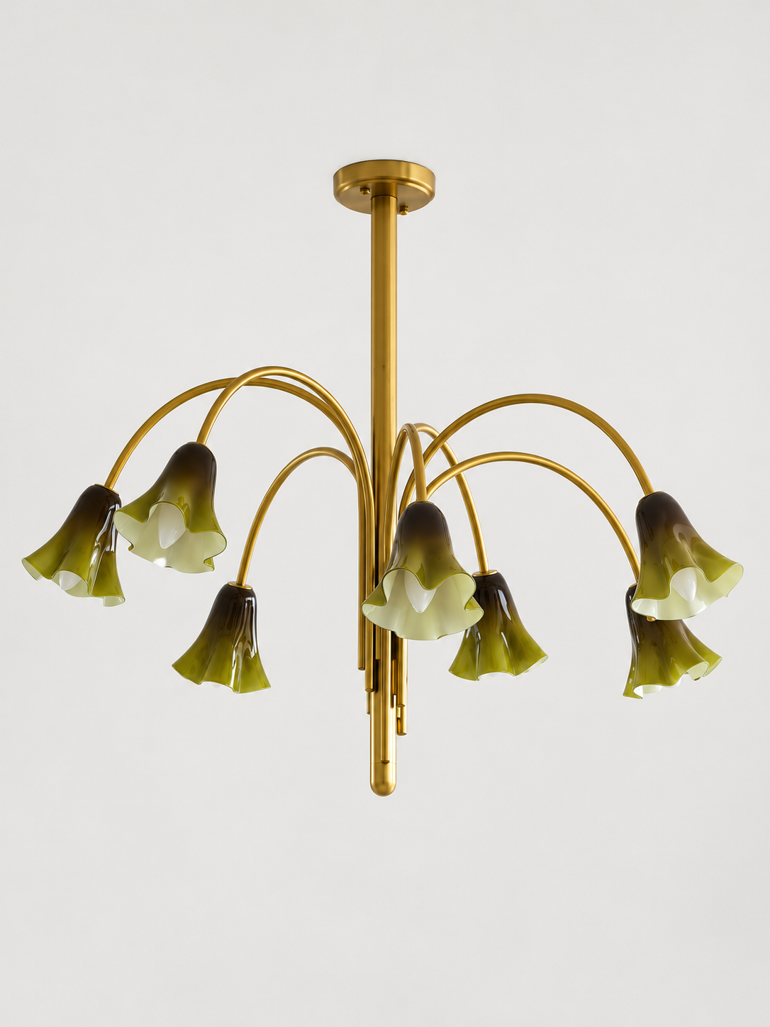 Green 7-light flower glass chandelier with copper-tone arched arms, shown switched off.