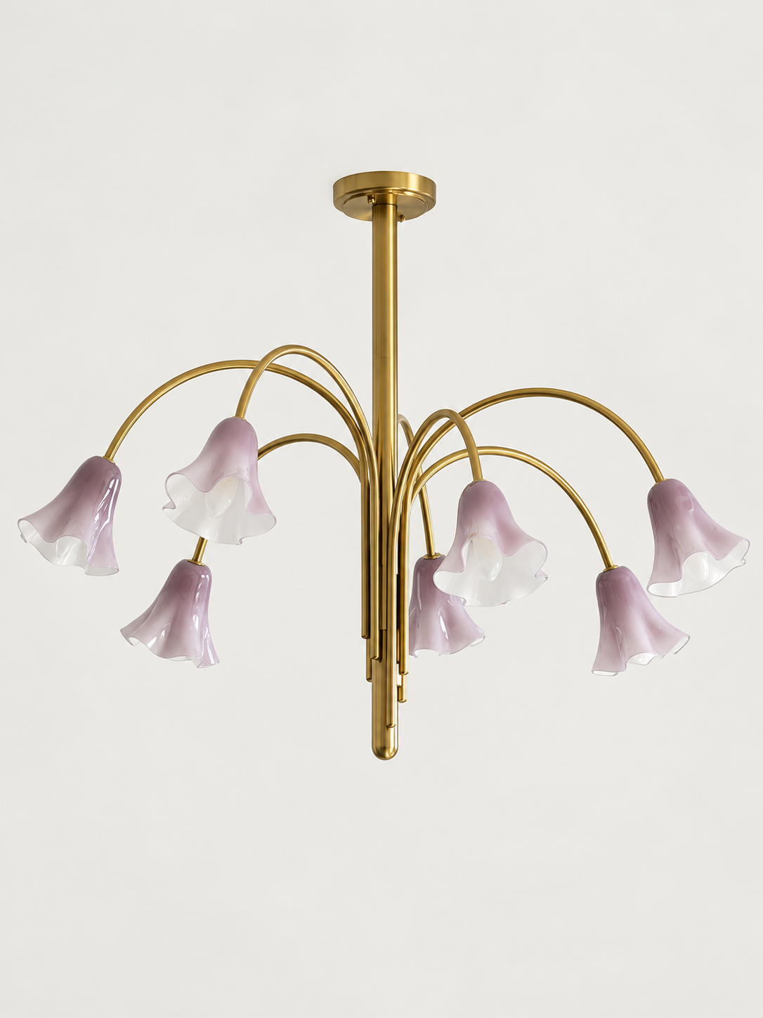 Purple 7-light flower glass chandelier with copper-tone arched arms, shown switched off.