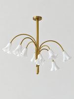 White 8-light flower glass chandelier with copper-tone arched arms, shown switched off.