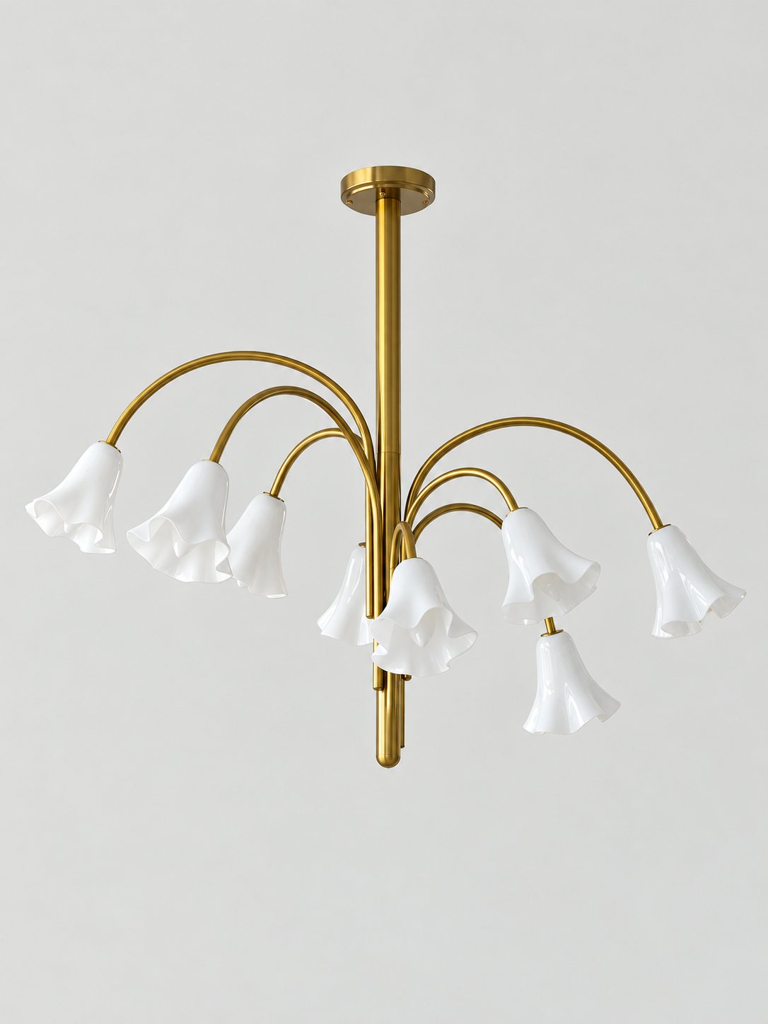 White 8-light flower glass chandelier with copper-tone arched arms, shown switched off.