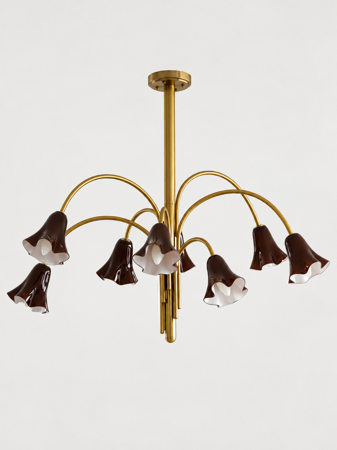 Coffee 8-light flower glass chandelier with copper-tone arched arms, shown switched off.