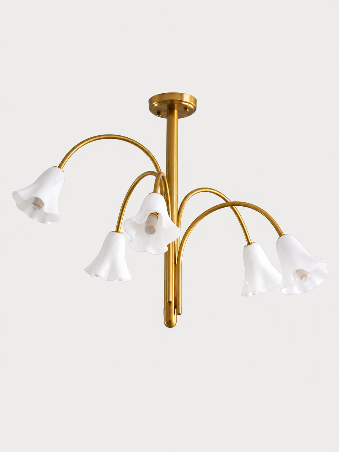 White 5-light flower glass chandelier with copper-tone arched arms, shown switched off.