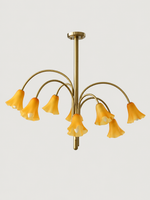 Matte Orange 8-light flower glass chandelier with copper-tone arched arms, shown switched off.