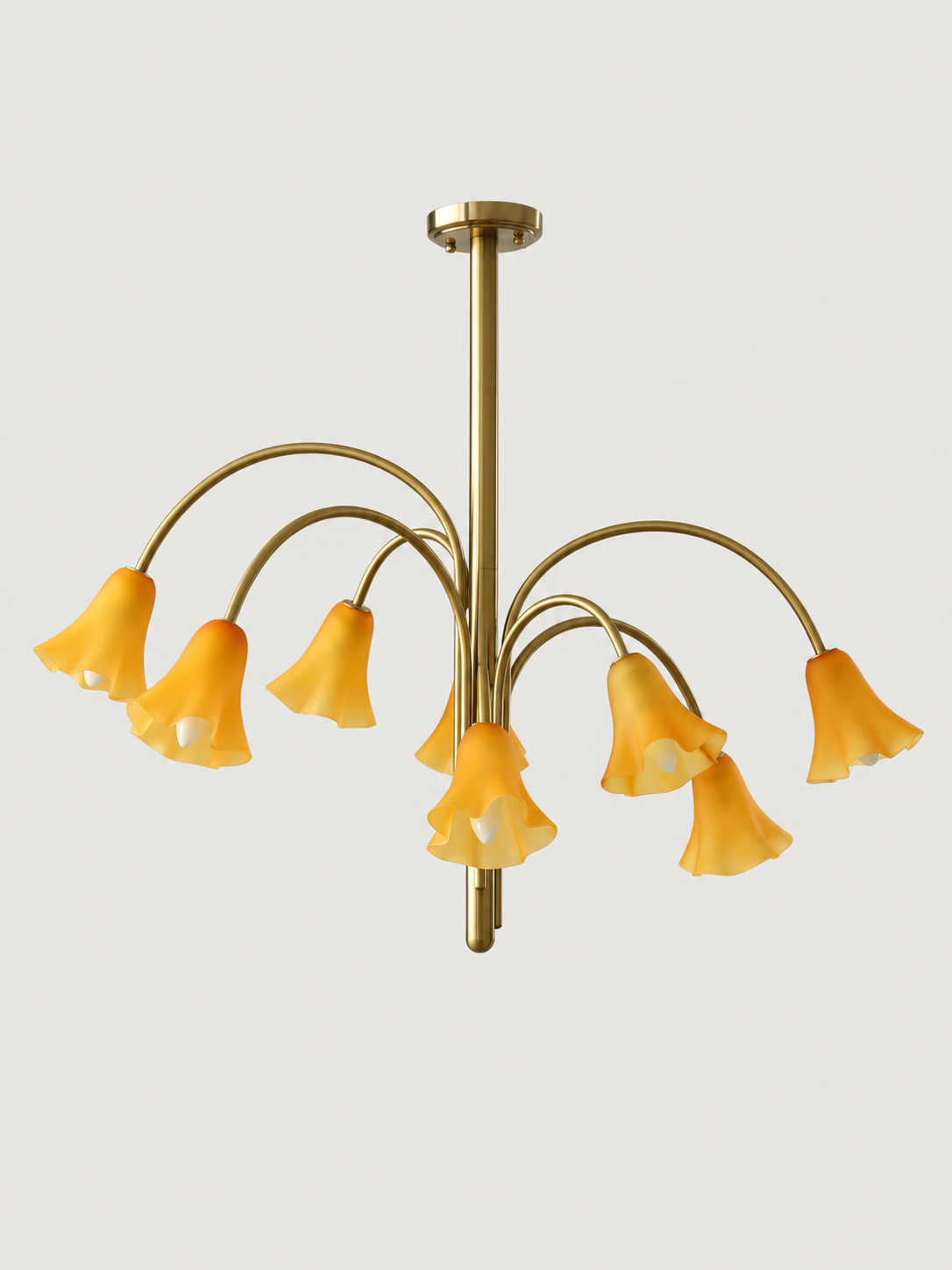 Matte Orange 8-light flower glass chandelier with copper-tone arched arms, shown switched off.