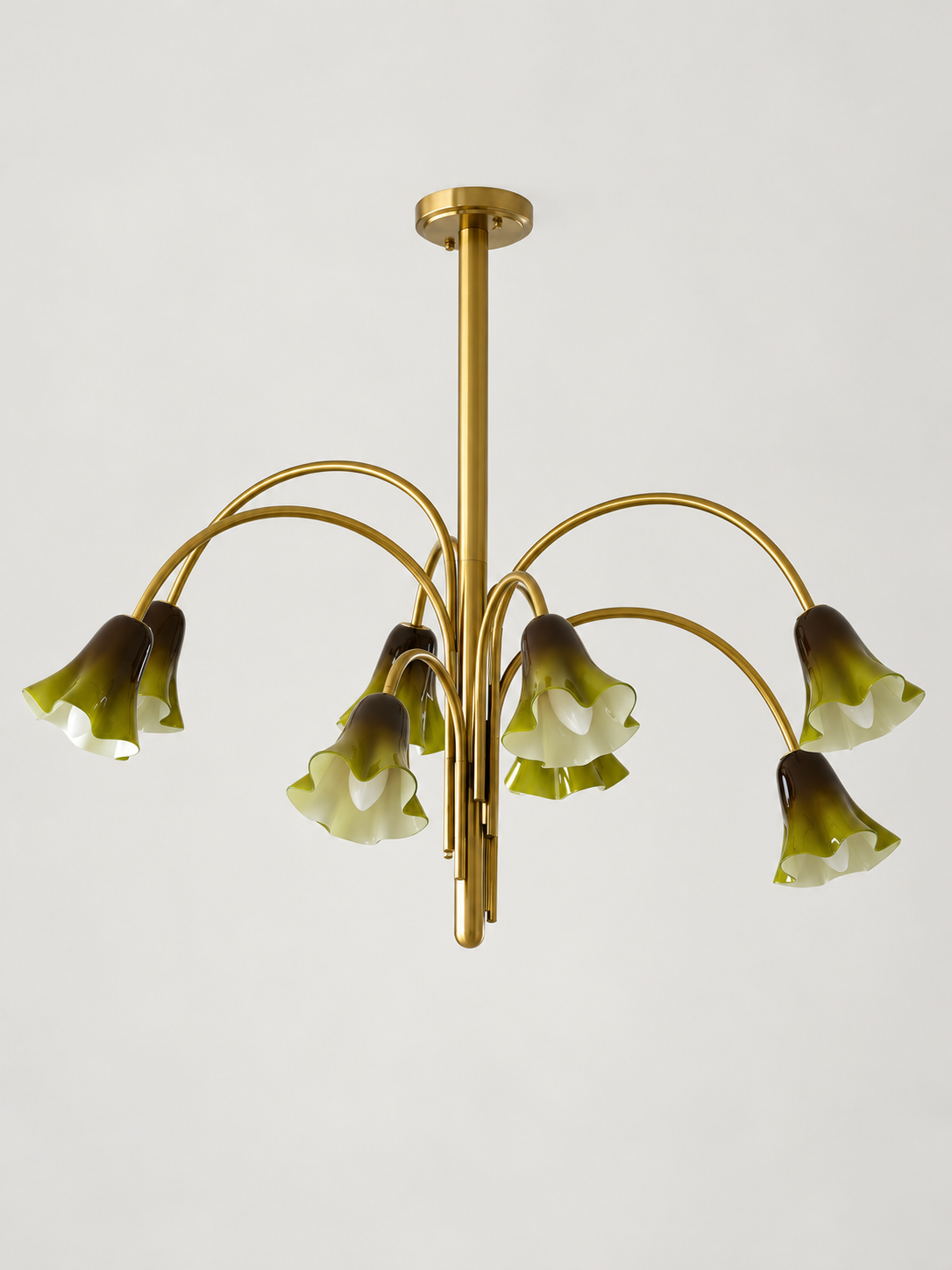 Green 8-light flower glass chandelier with copper-tone arched arms, shown switched off.