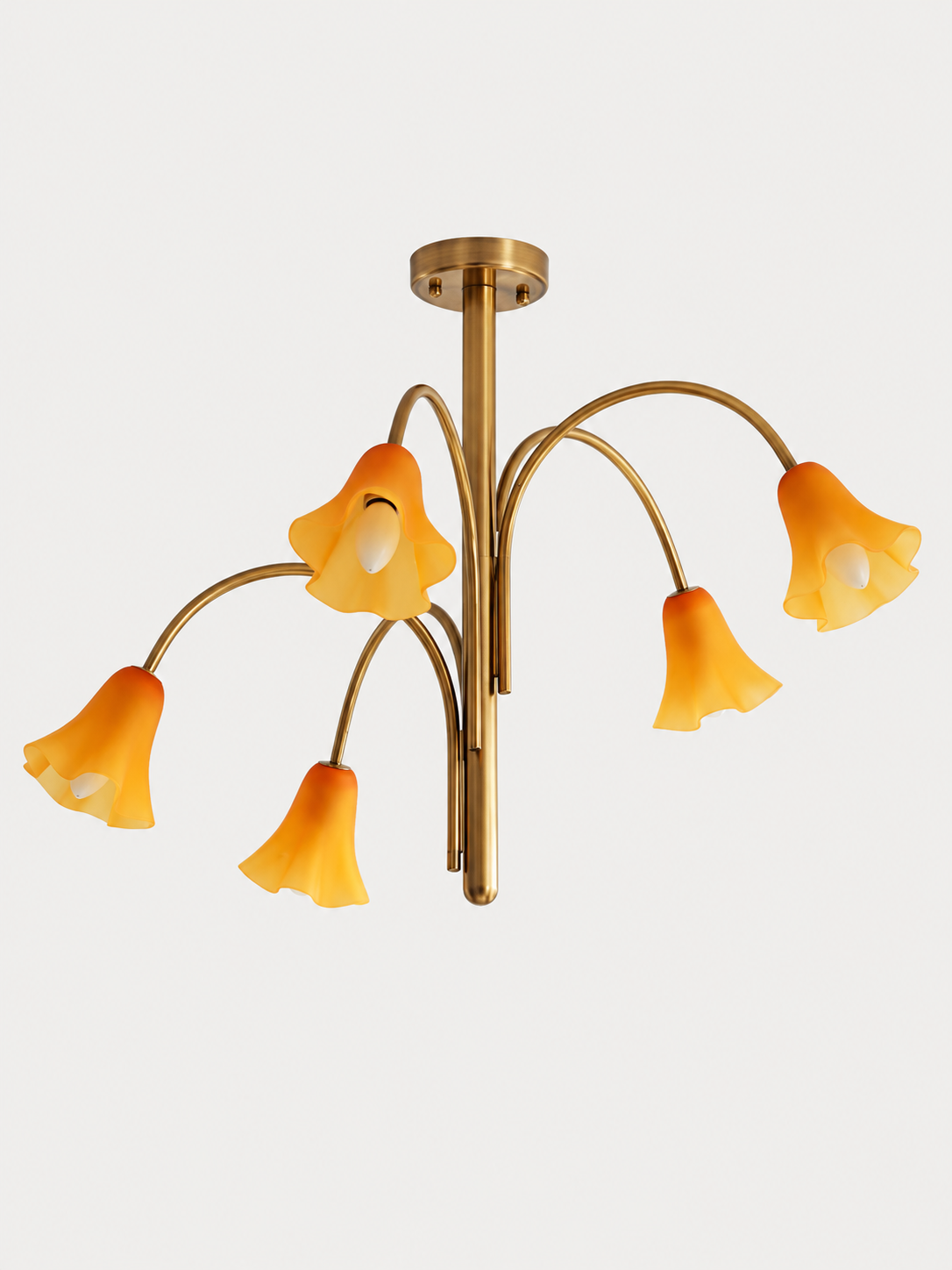 Matte Orange 5-light flower glass chandelier with copper-tone arched arms, shown switched off.