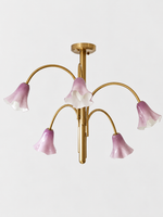 Purple 5-light flower glass chandelier with copper-tone arched arms, shown switched off.