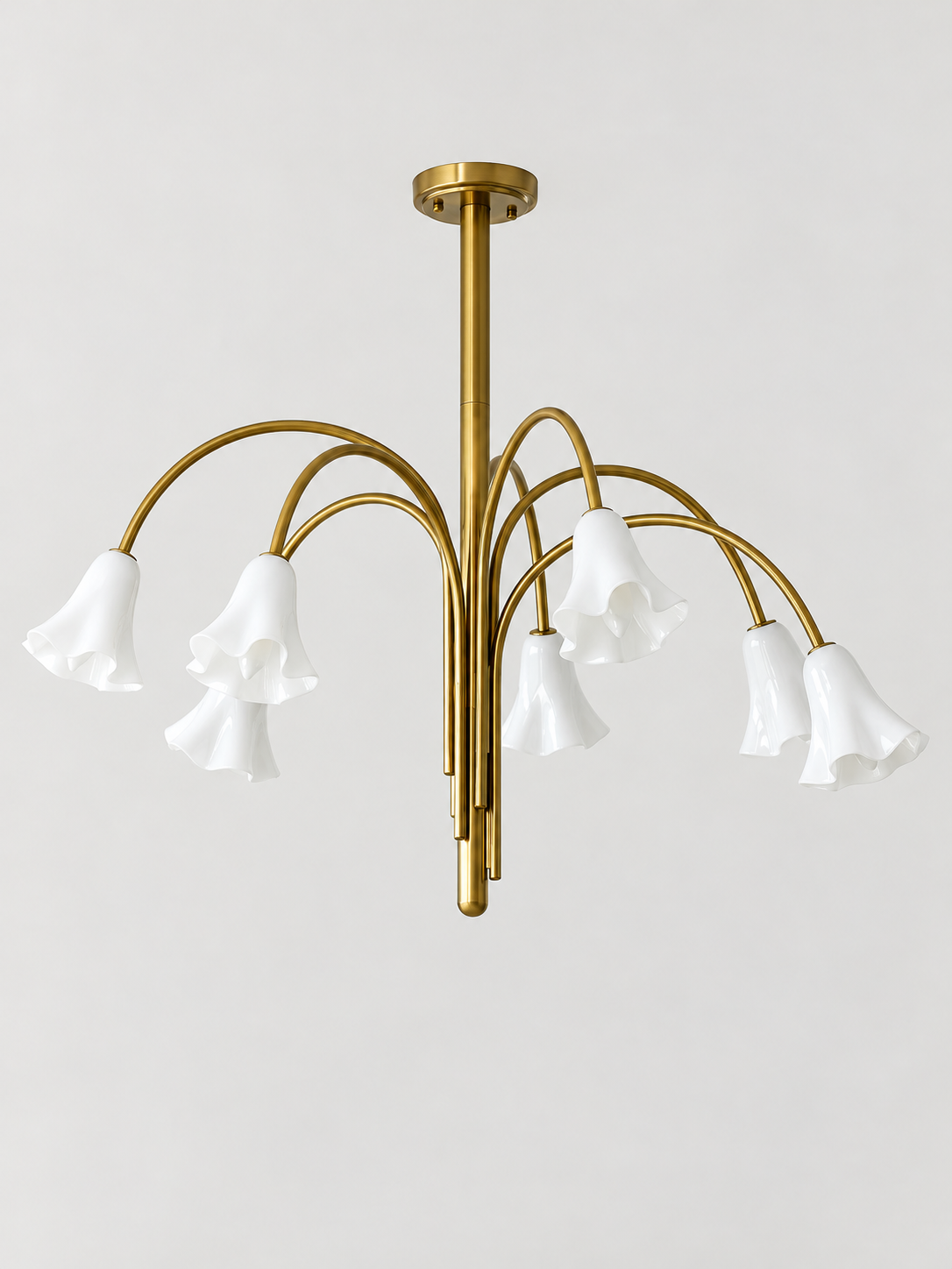 White 7-light flower glass chandelier with copper-tone arched arms, shown switched off.