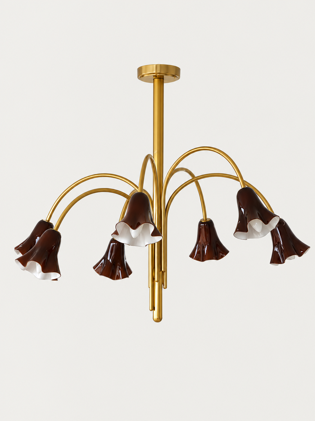 Coffee 7-light flower glass chandelier with copper-tone arched arms, shown switched off.