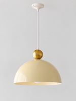 Beige 35 cm metal dome pendant with a gold-tone orb, white cord and canopy, shown switched off