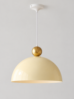 Beige 40 cm metal dome pendant with a gold-tone orb, white cord and canopy, shown switched off