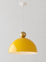 Lemon Yellow 35 cm metal dome pendant with a gold-tone orb, white cord and canopy, shown switched off