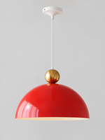 Pomegranate Red 40 cm metal dome pendant with a gold-tone orb, white cord and canopy, shown switched off