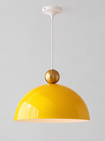 Lemon Yellow 40 cm metal dome pendant with a gold-tone orb, white cord and canopy, shown switched off