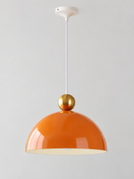 Orange 35 cm metal dome pendant with a gold-tone orb, white cord and canopy, shown switched off