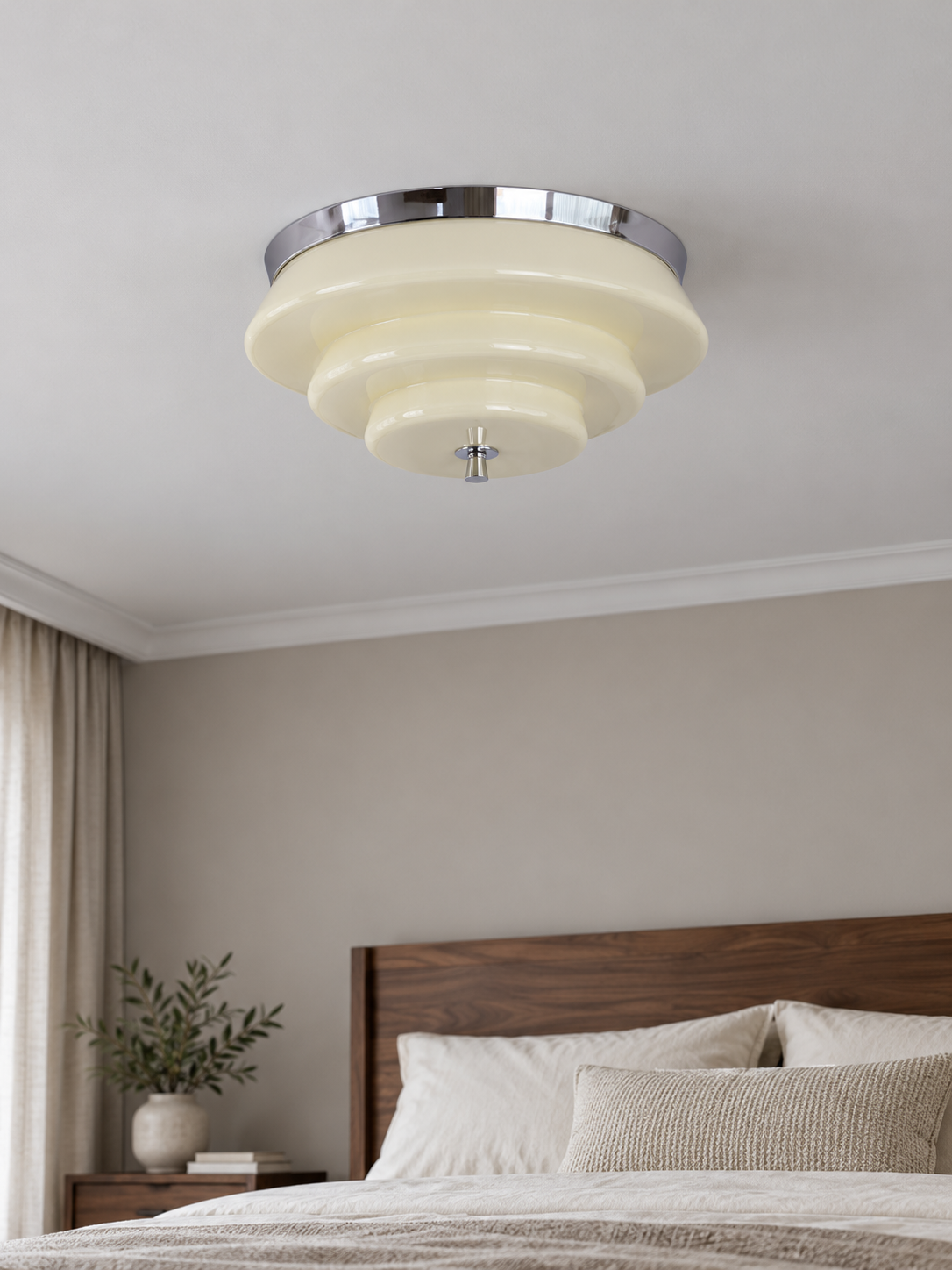 Chrome and cream stepped glass ceiling light, switched off in a daylight bedroom