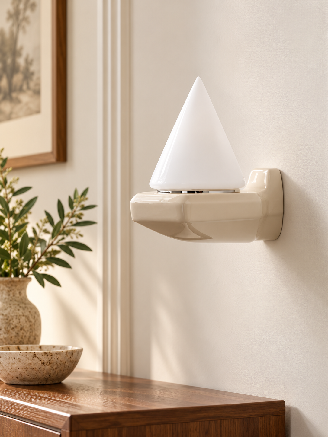 Ceramic Cone Glass Wall Sconce – Cream – White Glass – Warm