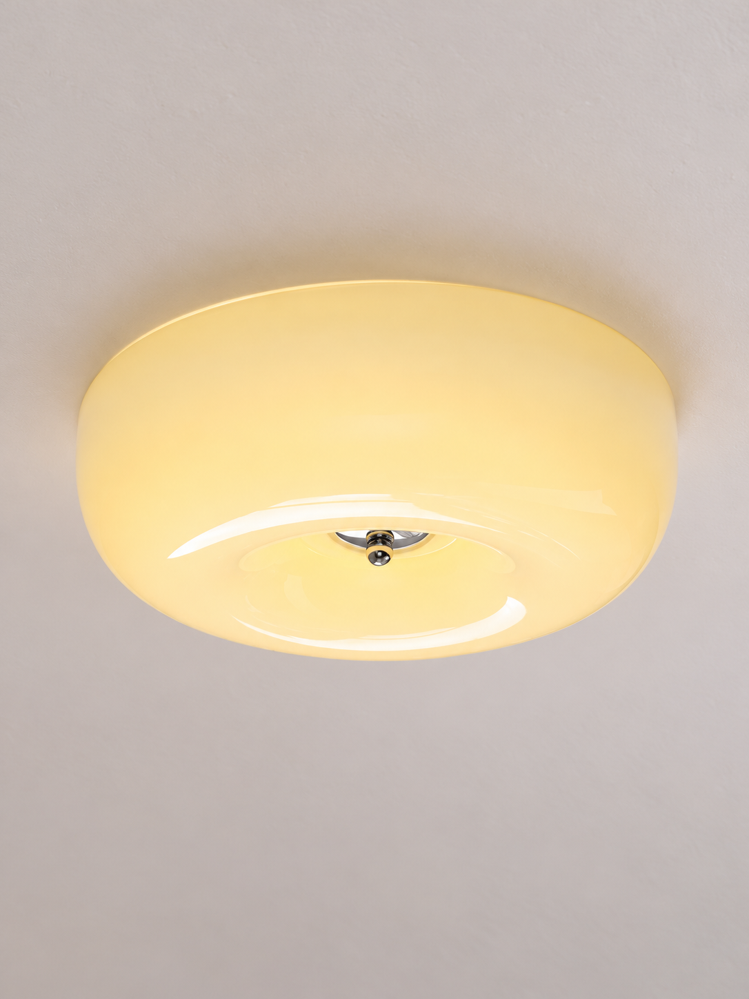 Rounded Glass Flush Mount Ceiling Light – Chrome / Cream Yellow – 32 cm – 18W