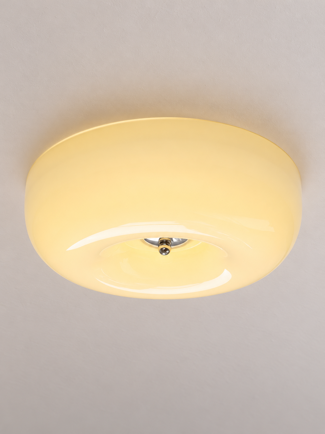 Rounded Glass Flush Mount Ceiling Light – Chrome / Cream Yellow – 46 cm – 40W