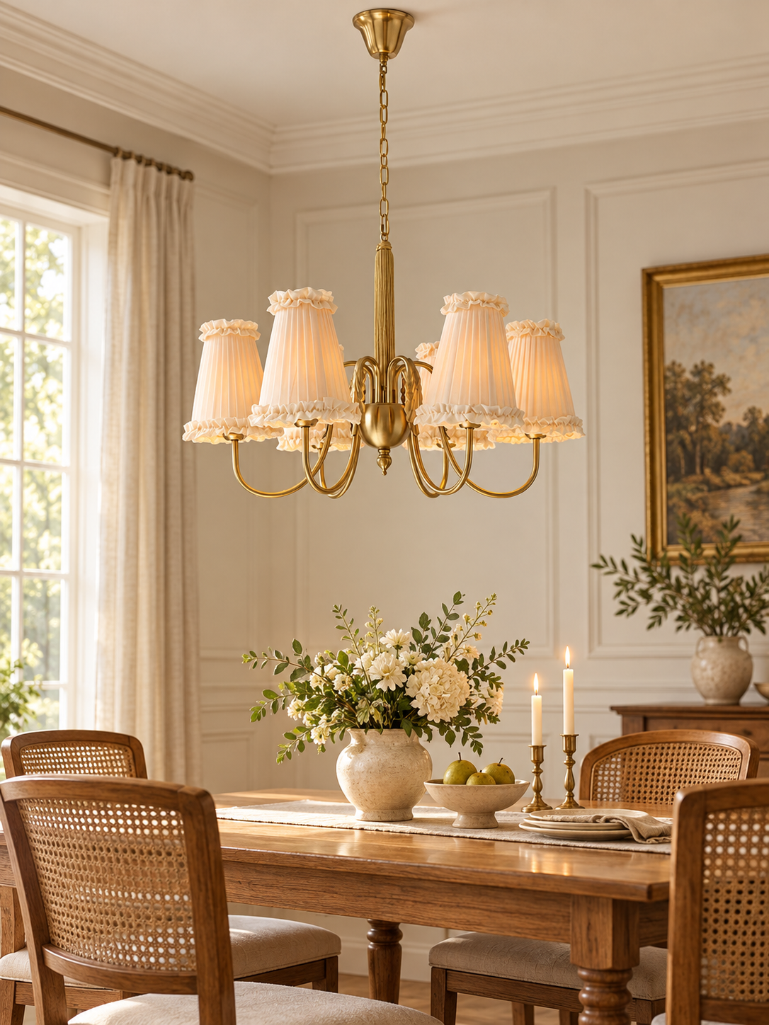 Wheat Scroll Fabric Chandelier - six-light dining room view