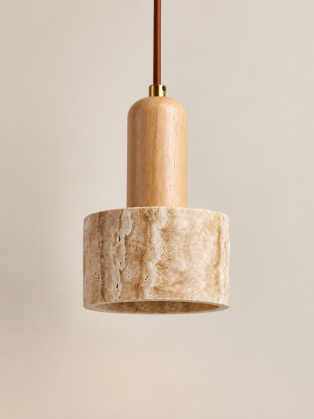 Travertine cylinder pendant with rounded wood neck — 01 A standard