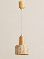 Travertine cylinder pendant with rounded wood neck — 02 A adjustable