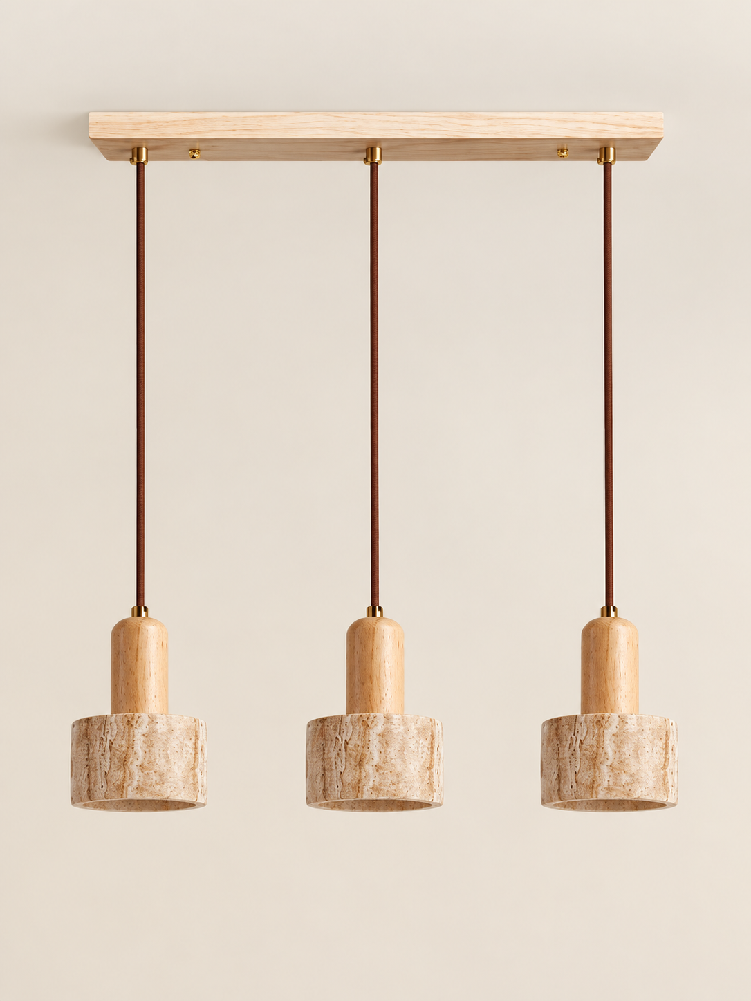 Travertine cylinder pendant with rounded wood neck — 03 A three linear