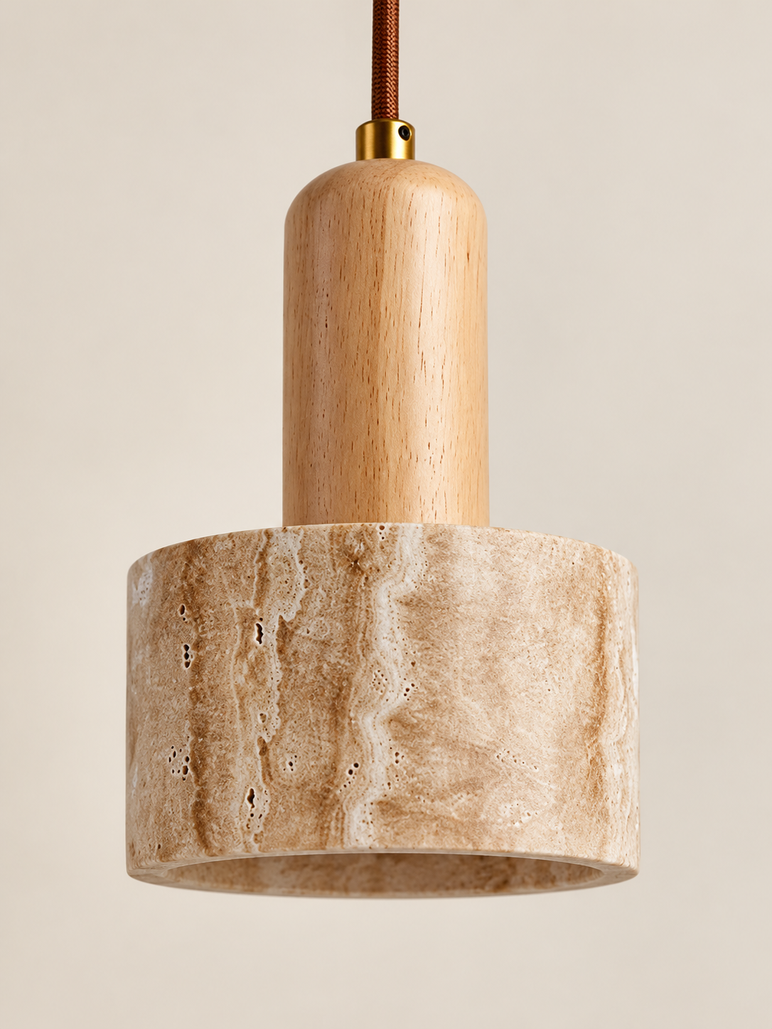 Travertine cylinder pendant with rounded wood neck — 04 A detail