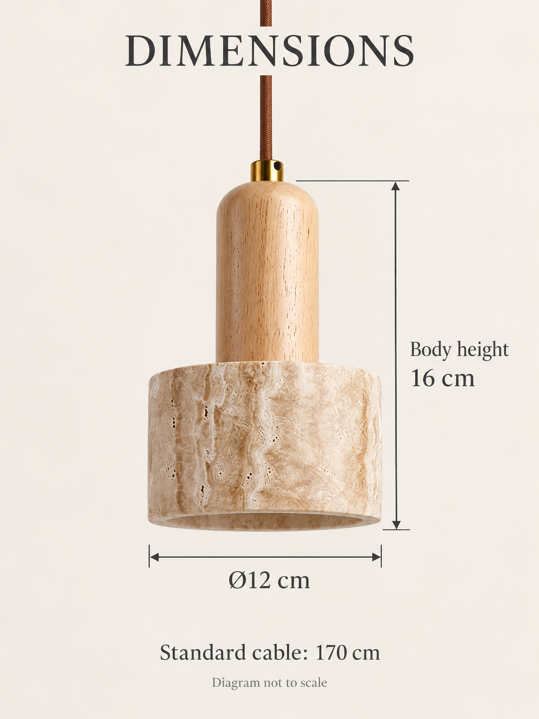 Travertine cylinder pendant with rounded wood neck — 06 A dimensions
