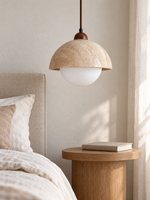 Travertine dome and white glass globe pendant — bedside scene v1
